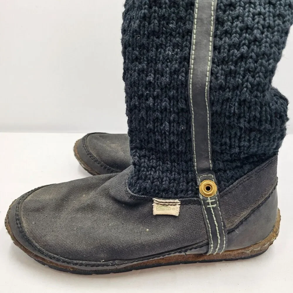 Simple Shoes Cable Knit Sweater Sock Boots Womens Size 8 Black Gray Leather